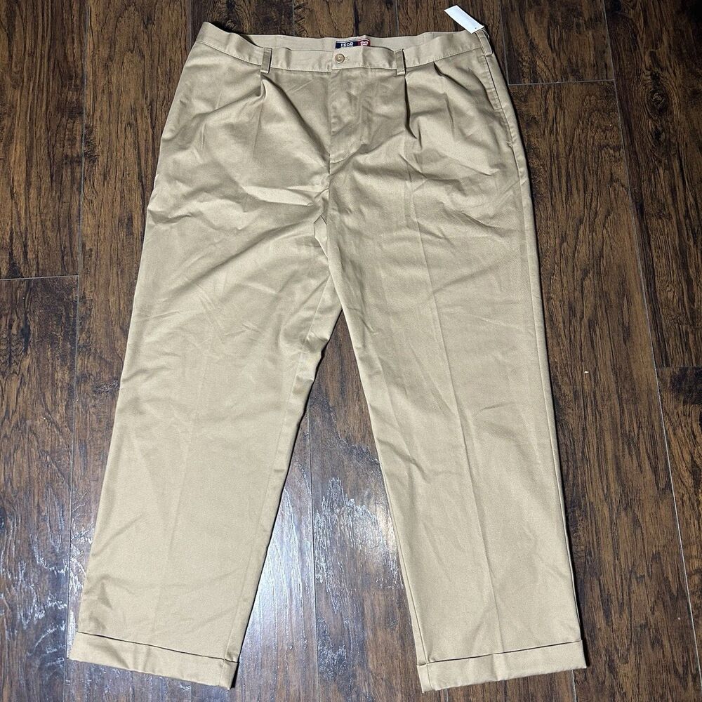 Izod American Chino Double Pleat 42x32 Classic Khaki Non Iron Cotton NWT Work
